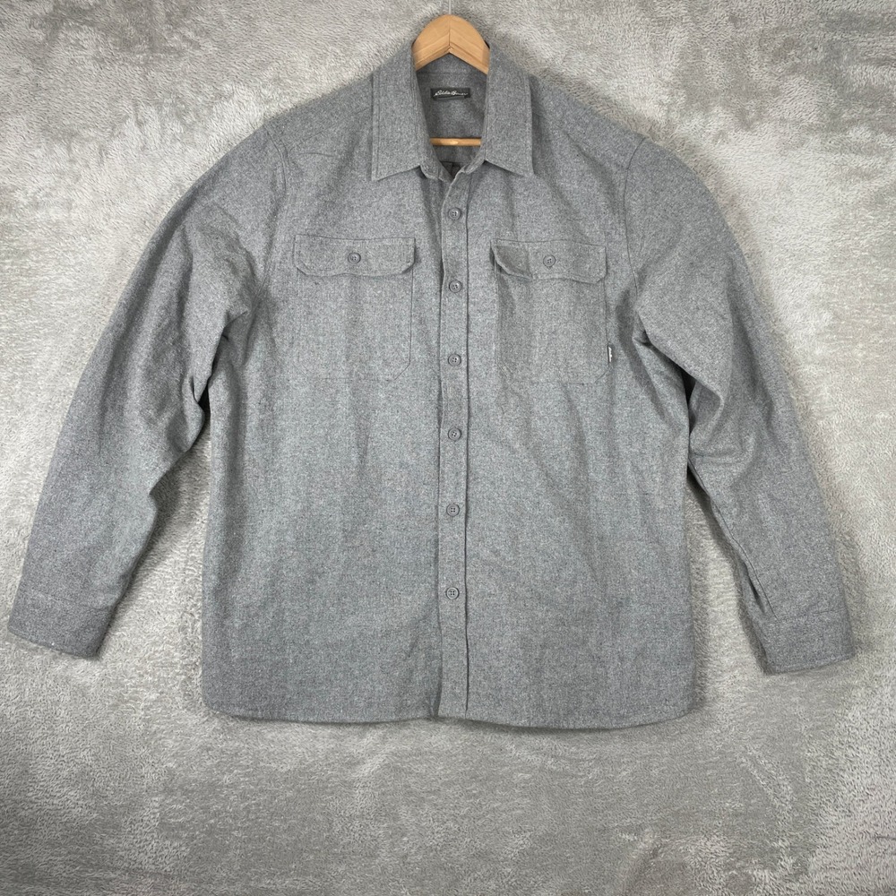 Eddie‎ Bauer Flannel Shirt Mens XL Gray Long Sleeve Button Up Hiking Cotton